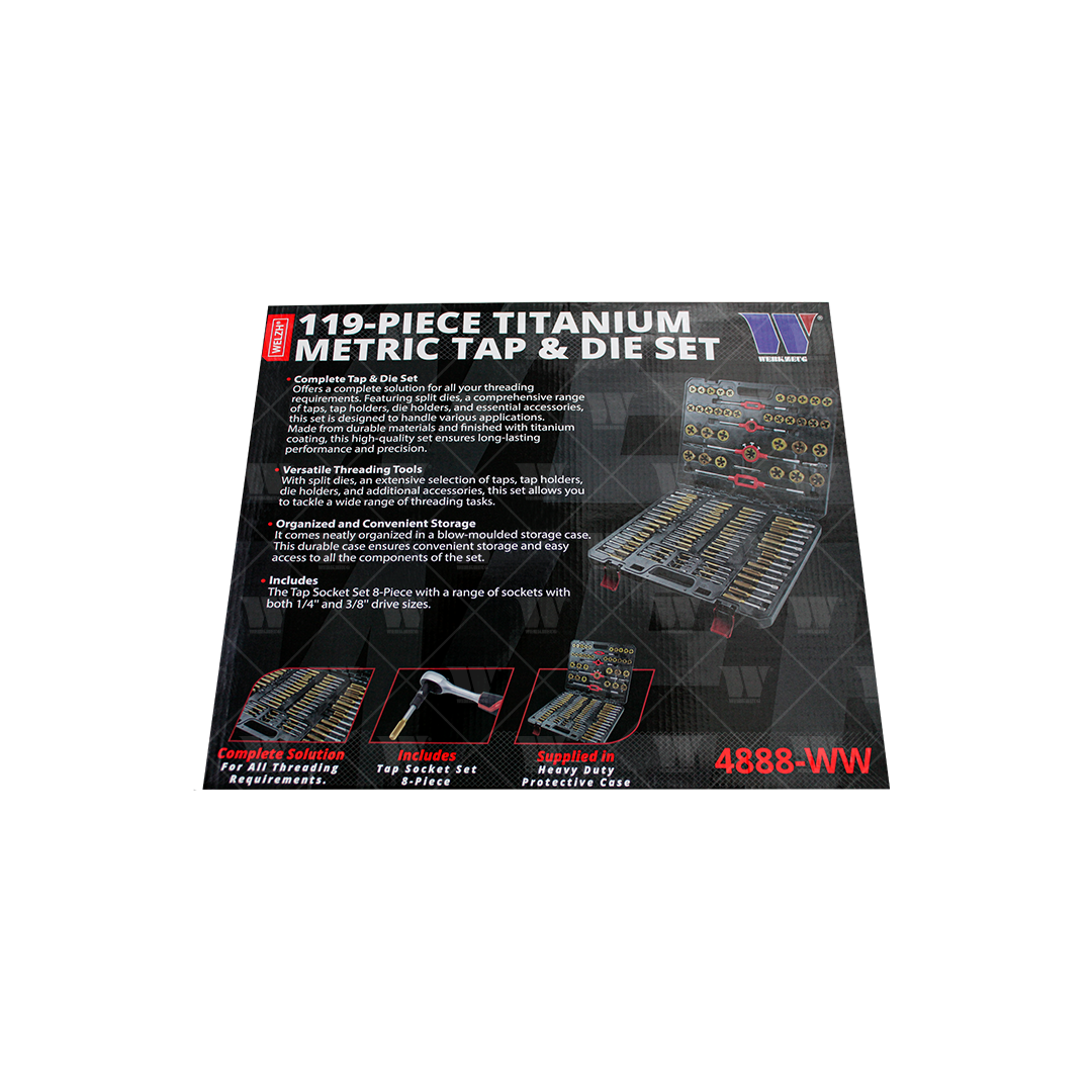 Juego de tarrajas y machuelos, métricos de titanio de 119 piezas 4888-WW
