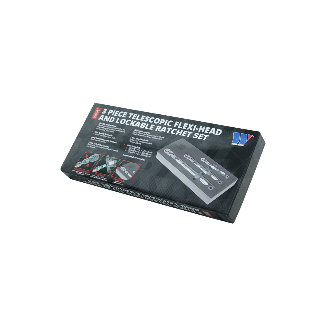 Juego de trinquete; Juego telescópico, de cabezal flexible y bloqueable de 3 piezas 11115-WW