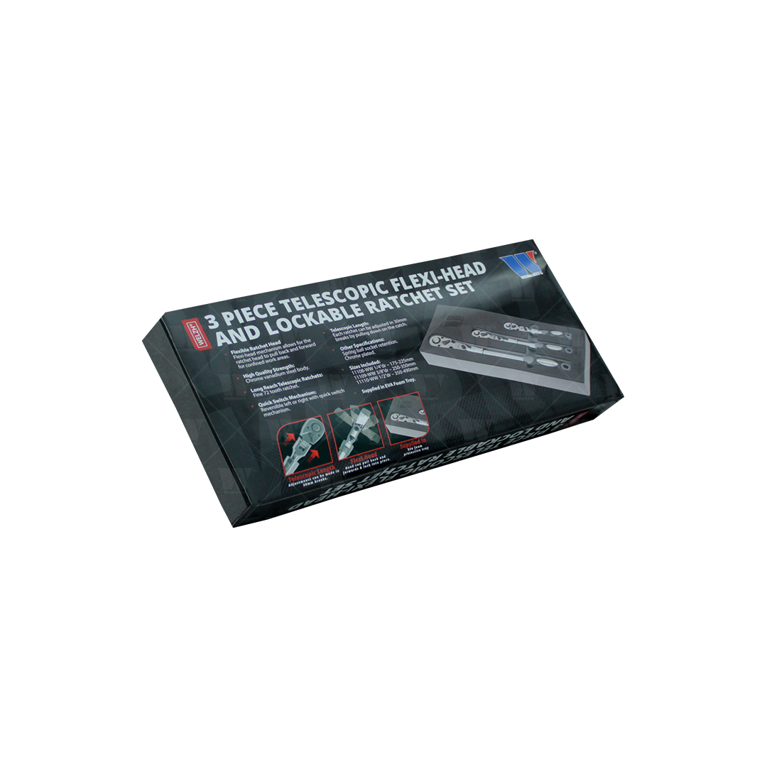 Juego de trinquete; Juego telescópico, de cabezal flexible y bloqueable de 3 piezas 11115-WW