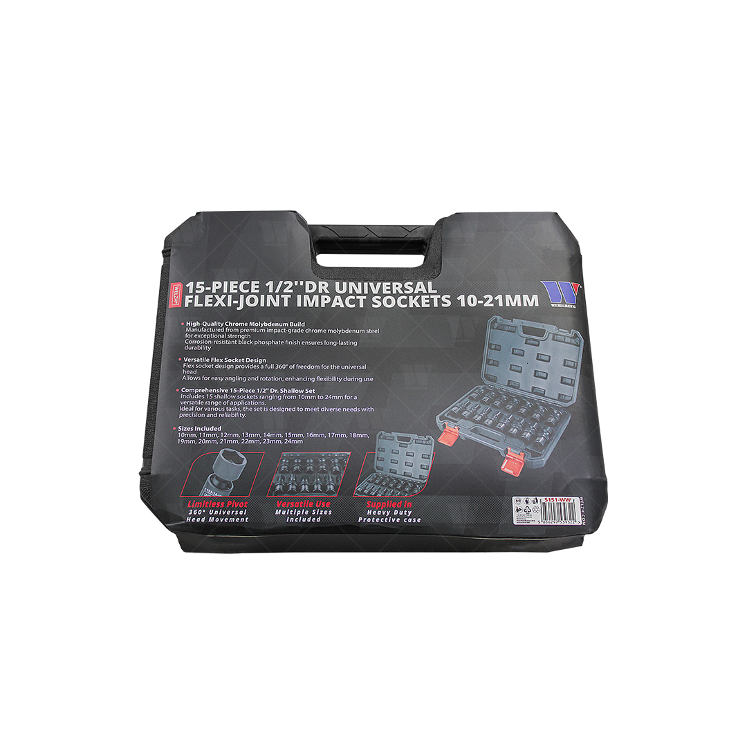 Juego de dados de impacto con nudo; 15 vasos de impacto universales con junta flexible de 1/2''dr, 10-24 mm 5151-ww